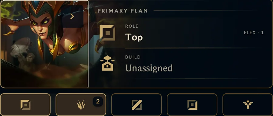Cassiopeia’s expanded pick plan showing Top as the primary role and Jungle selected second as a flex in the open role strip.