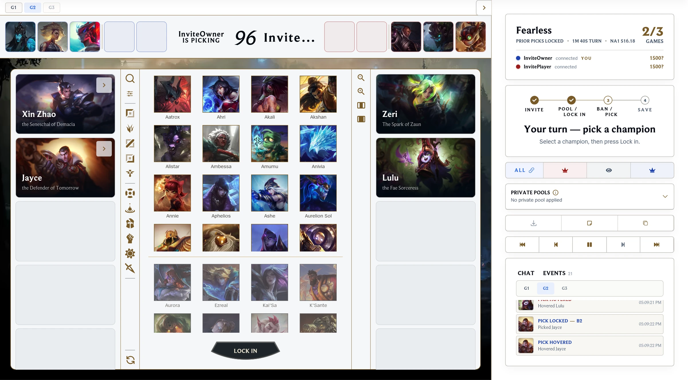 Live Fearless draft room for game 2 of 3 between two players, mid pick phase with bans and four picks locked, game 1 champions locked out below a divider in the champion grid, with the current room-links toolbar and latest pick events in the event trail.
