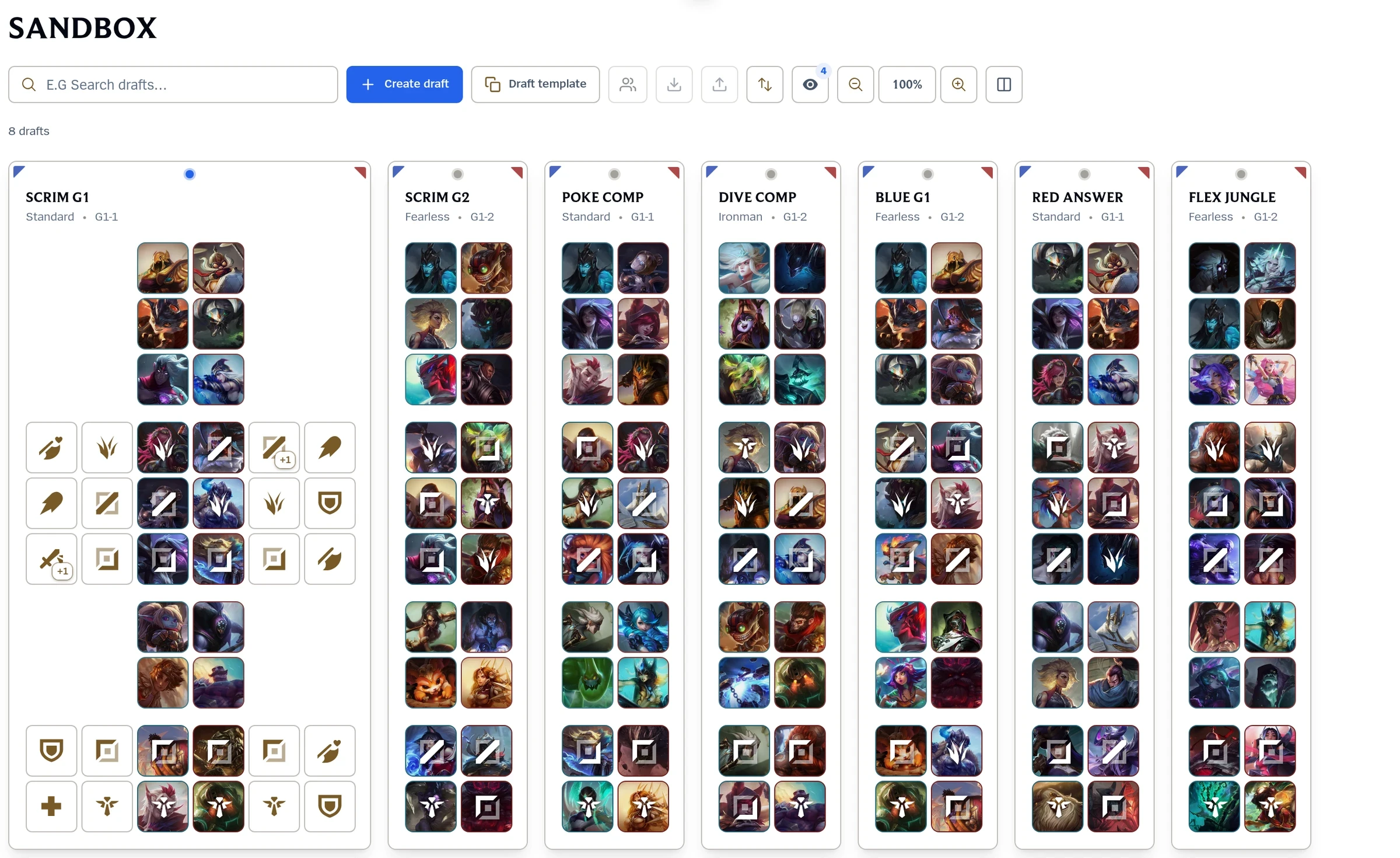 Sandbox library of eight Standard, Fearless, and Ironman drafts, with the Scrim G1 draft expanded to show each pick’s role and build slots.