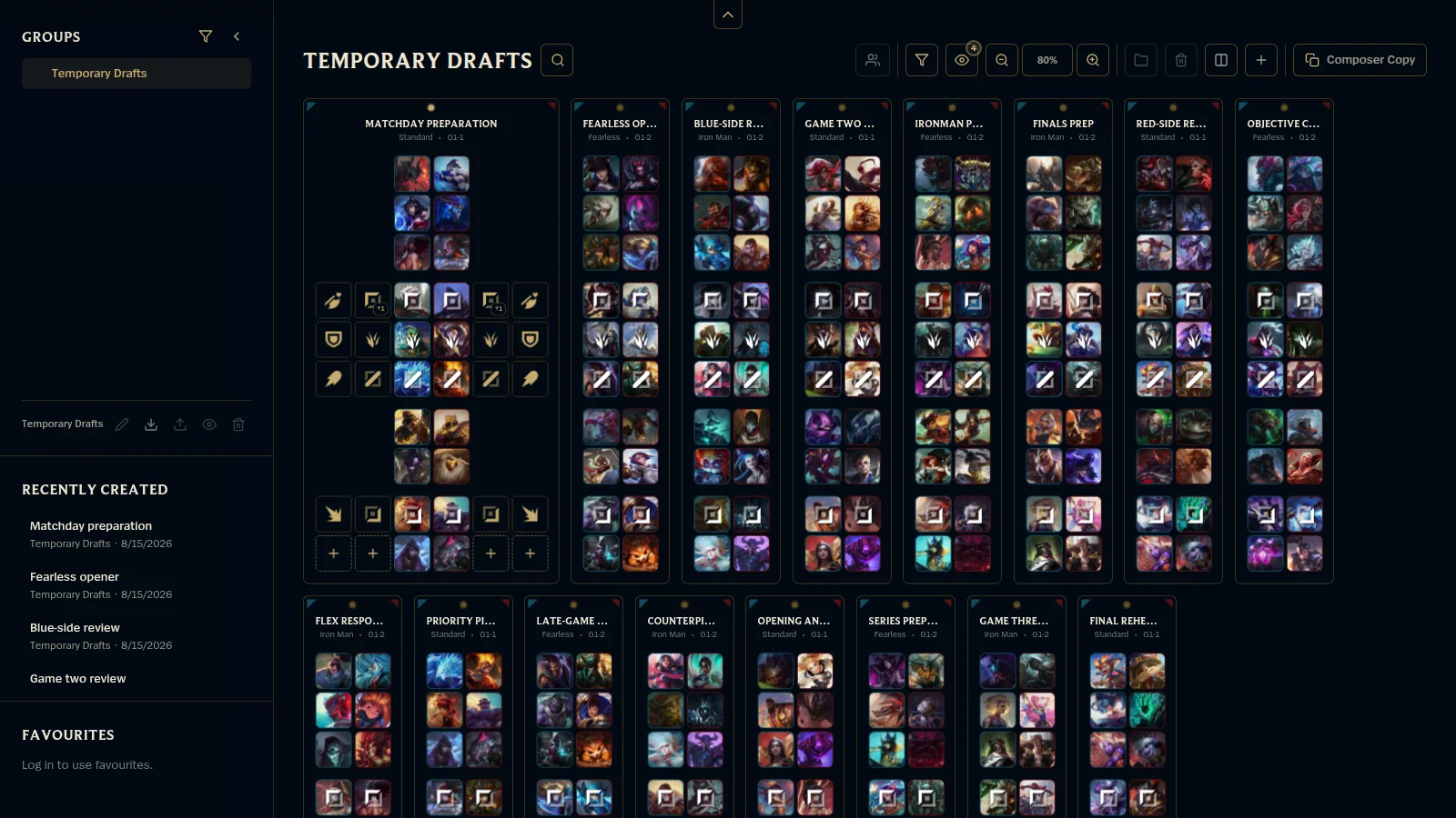 Sandbox Drafts workspace showing many editable Standard, Fearless, and Ironman planning boards, with one Matchday preparation draft expanded to reveal role and build detail.