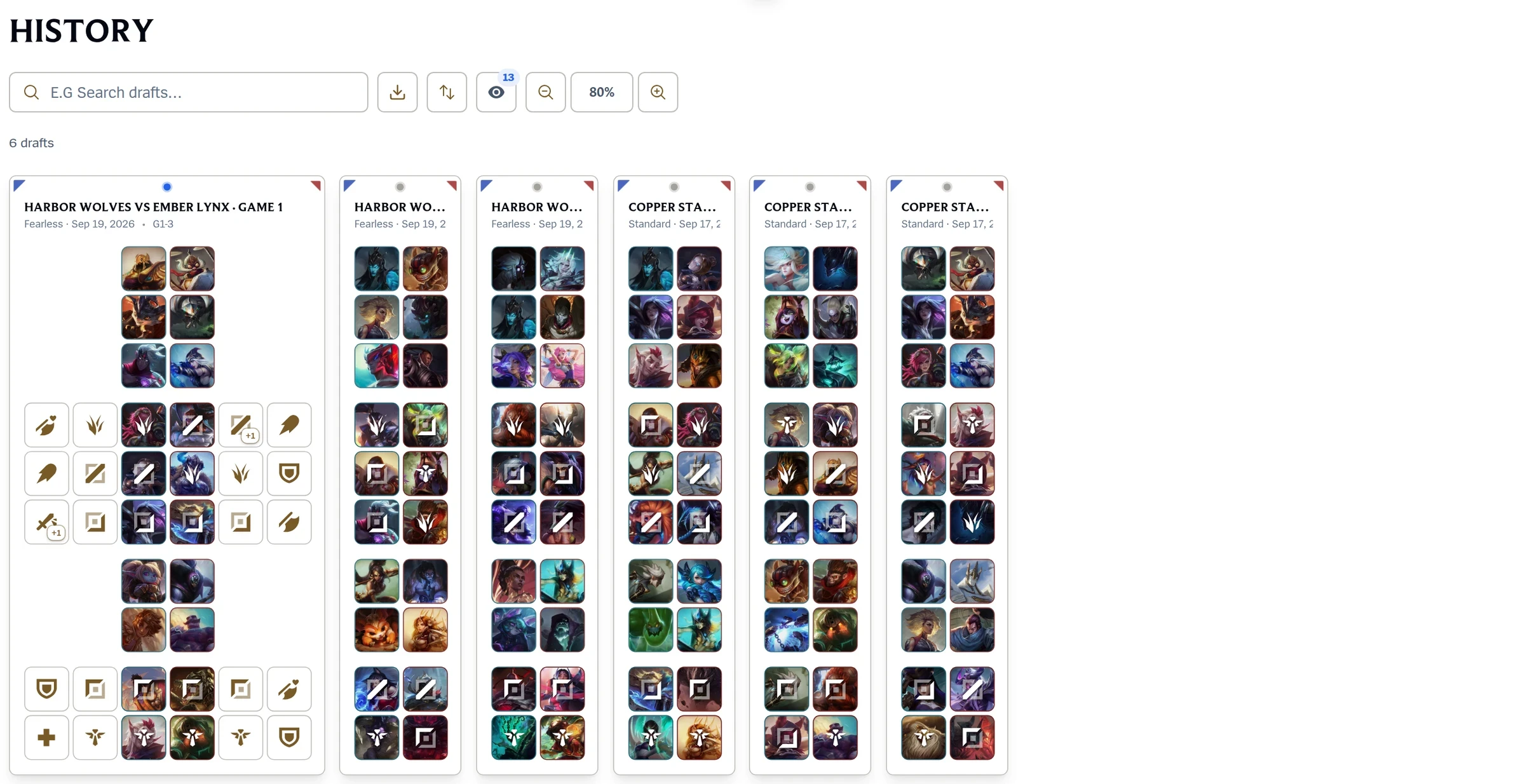 Draft history with a three-game Harbor Wolves vs Ember Lynx Fearless series, game 1 expanded for role and build detail, and a separate Copper Stags series.