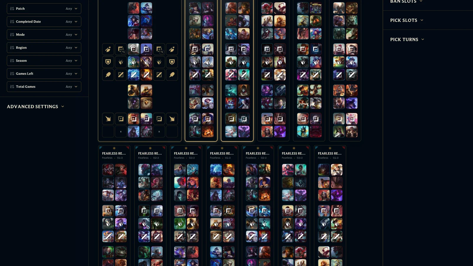 Simulated Drafts archive showing many completed Fearless games, with one game expanded for role detail and its linked next game highlighted beside it.