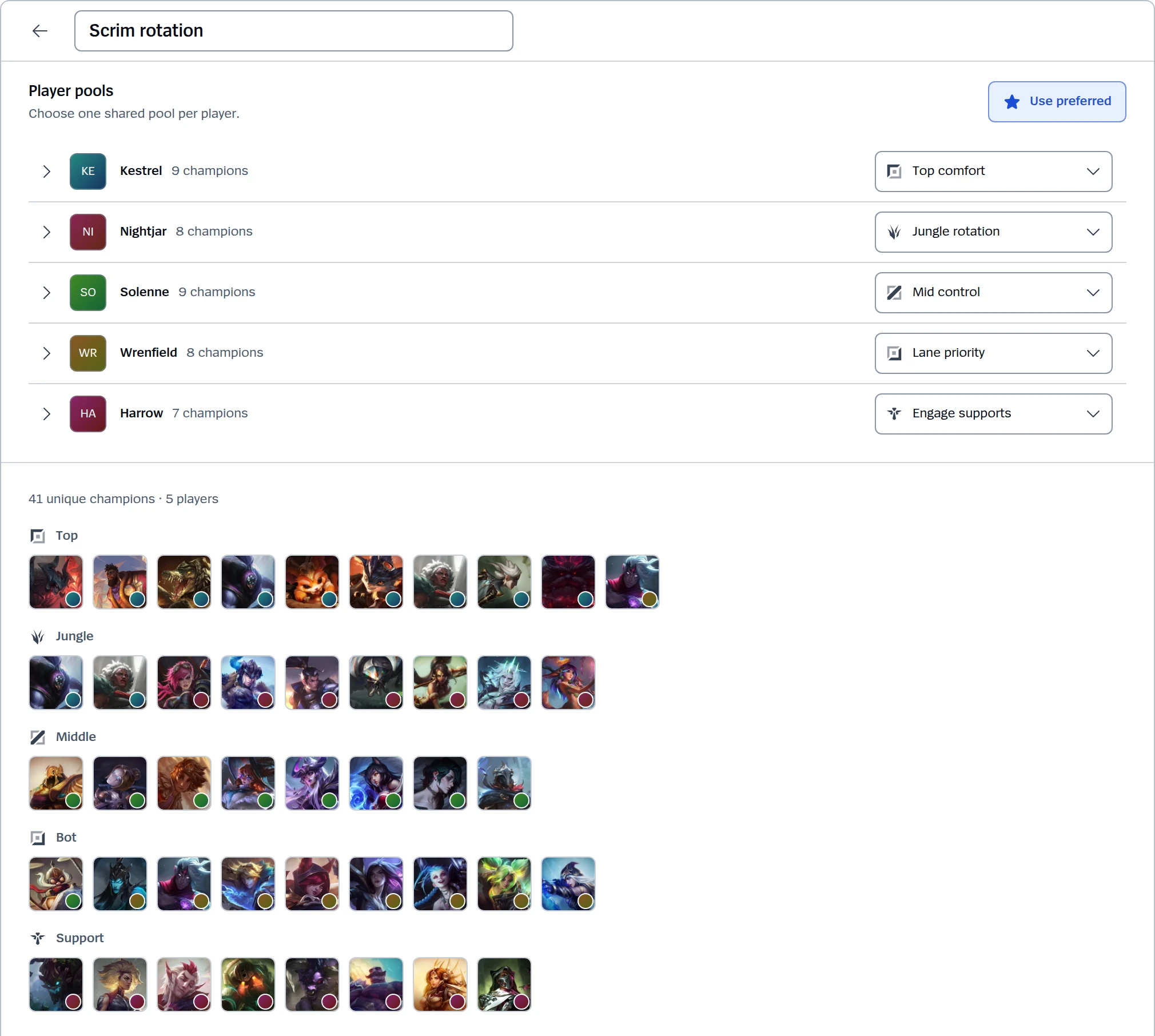 Scrim rotation team draft pool with five players each assigned a shared pool, and the combined 41-champion collection grouped by Top, Jungle, Middle, Bot, and Support.