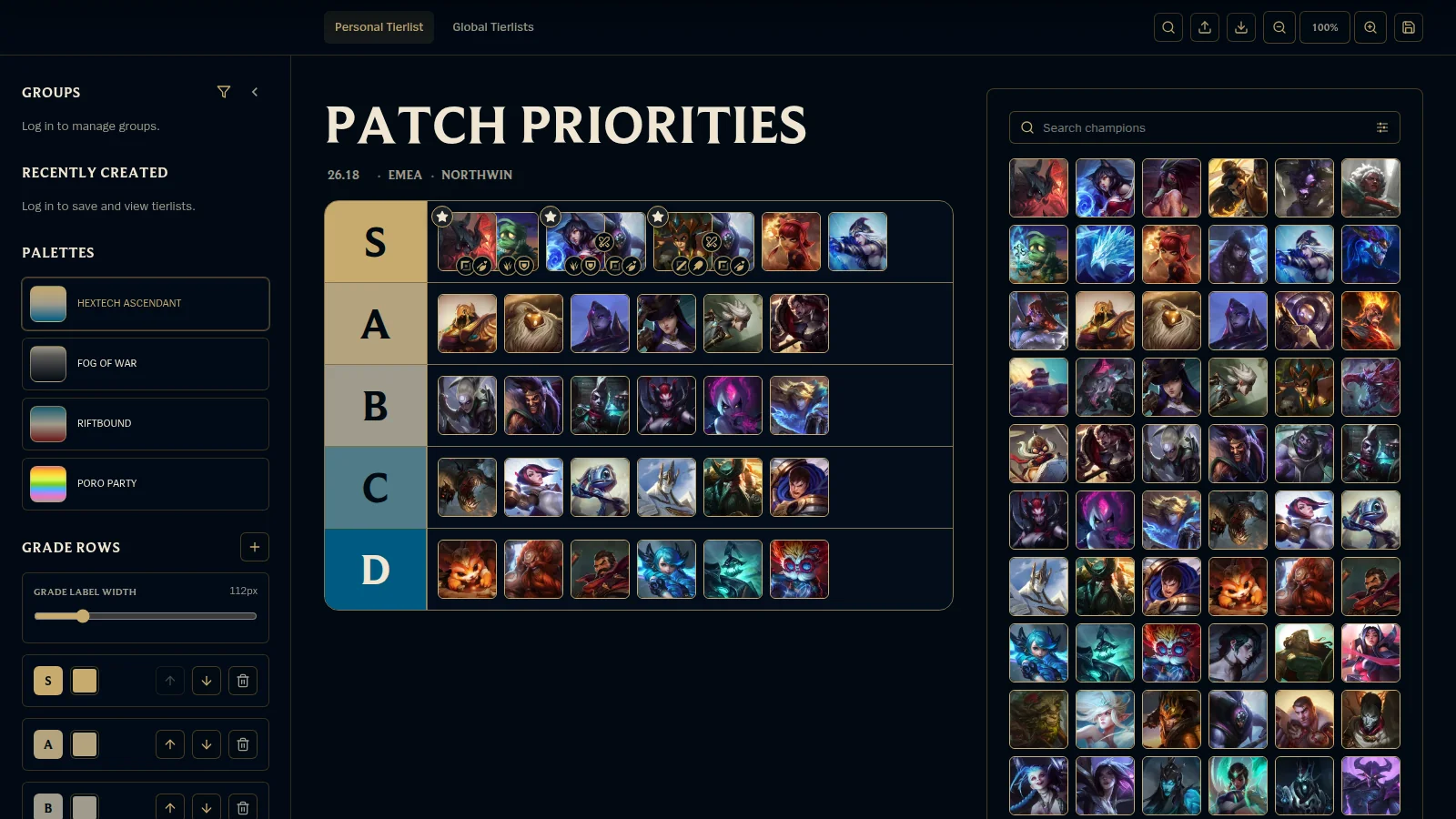 Tier List Maker with five ranked champion rows, highlighted S-tier picks, role and build badges, spaced synergy and counter pairings, palette controls, and a searchable champion catalog.